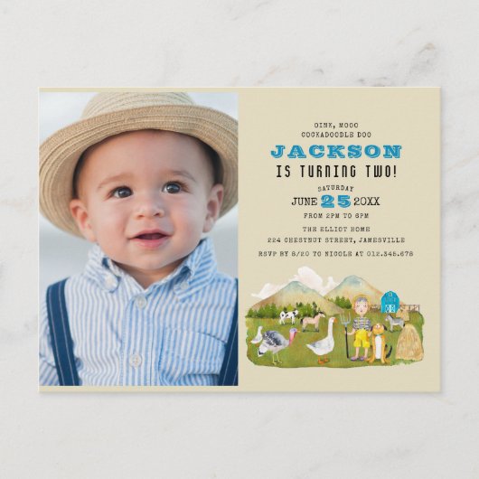 ヴィンテージファーム納屋周囲の庭動物の写真2nd誕生日 インビテーションポストカード (正面)