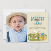 ヴィンテージファーム納屋周囲の庭動物の写真2nd誕生日 マグネット招待状 (正面)