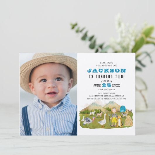 ヴィンテージファーム納屋周囲の庭動物の写真2nd誕生日 招待状 (スタンド正面)