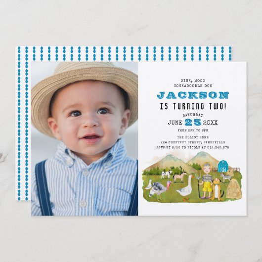 ヴィンテージファーム納屋周囲の庭動物の写真2nd誕生日 招待状 (正面/裏面)