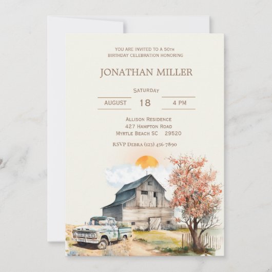 ヴィンテージファーム50番目の誕生日トラックパーティの招待状 招待状 (正面)