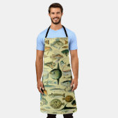 ヴィンテージフィッシュ科学魚釣りアート エプロン (着用した状態)