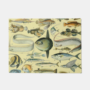 ヴィンテージフィッシュ科学魚釣りアート ドアマット