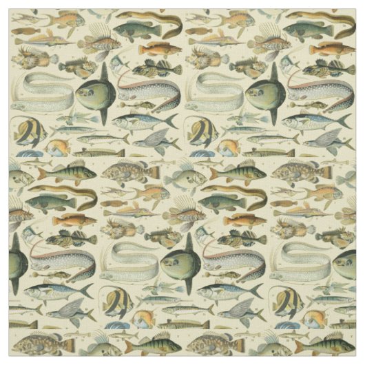 ヴィンテージフィッシュ科学魚釣りアート ファブリック (見本)