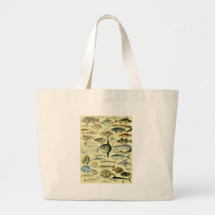 ヴィンテージフィッシュ科学魚釣りアート ラージトートバッグ
