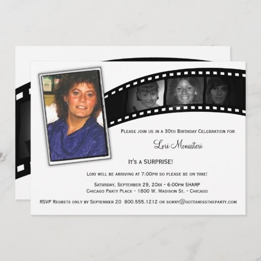 ヴィンテージフィルムストリップサプライズパーティー写真招待状 招待状 (正面/裏面)