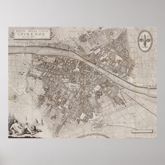 ヴィンテージフィレンツェ・フィレンツェ・イタリアの地図1847 ポスター (正面)