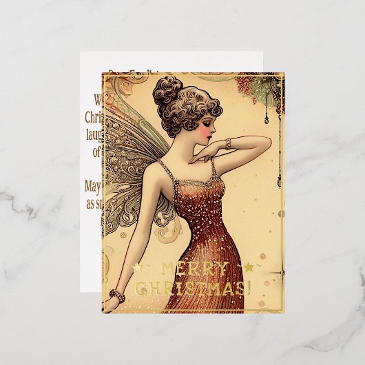 ヴィンテージフェアリーメリークリスマスグリーティングレトロ写真 箔シーズンポストカード (正面/裏面)
