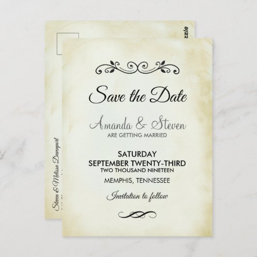 ヴィンテージフェイクパーチメント結婚式の日付の保存 ポストカード (正面/裏面)