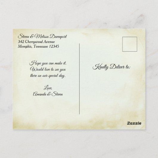 ヴィンテージフェイクパーチメント結婚式の日付の保存 ポストカード (裏面)