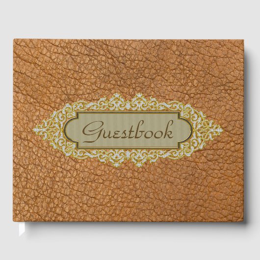 ヴィンテージフェイクブラウンレザーとゴールデン名前をカスタムする ゲストブック (正面)