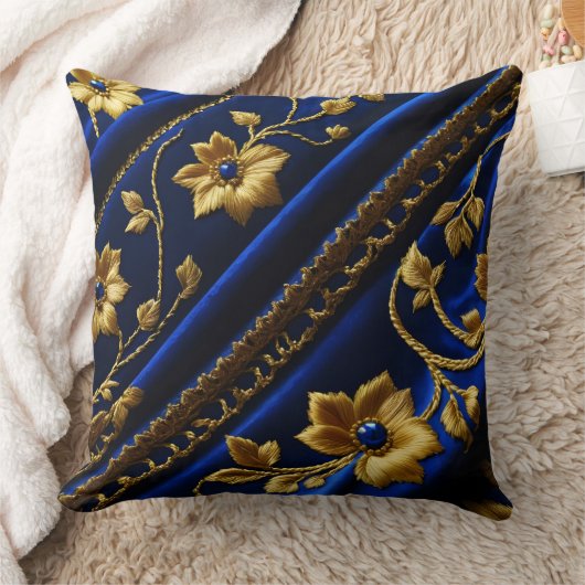 ヴィンテージフェイク刺しゅう青金ゴールド花 クッション (ブランケット)