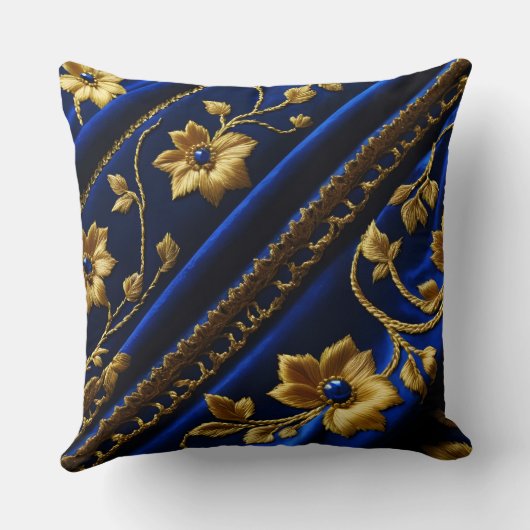 ヴィンテージフェイク刺しゅう青金ゴールド花 クッション (裏面)