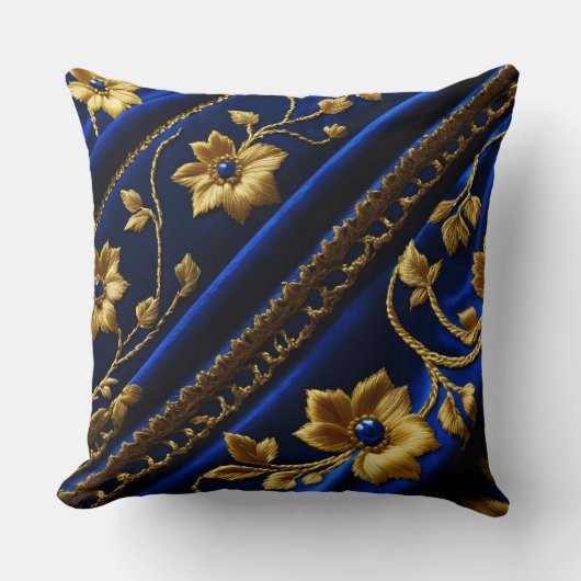 ヴィンテージフェイク刺しゅう青金ゴールド花 クッション (正面)
