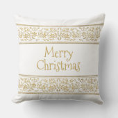 ヴィンテージフェイク金ゴールドフローラリボンメリークリスマス クッション (正面)