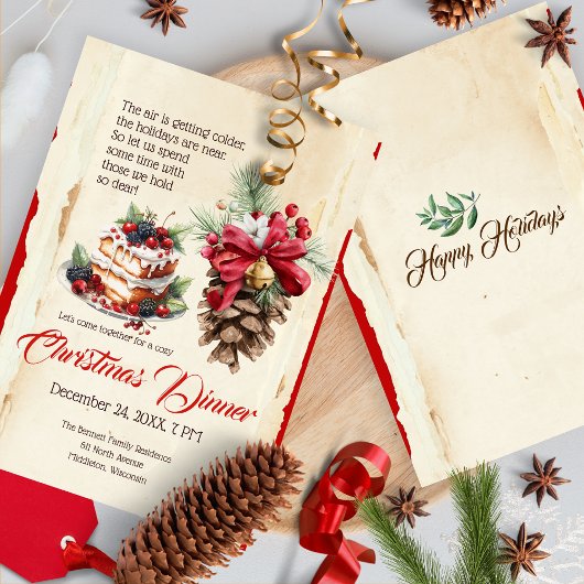 ヴィンテージフェスティバルの葉パインコーンフローラクリスマス 招待状