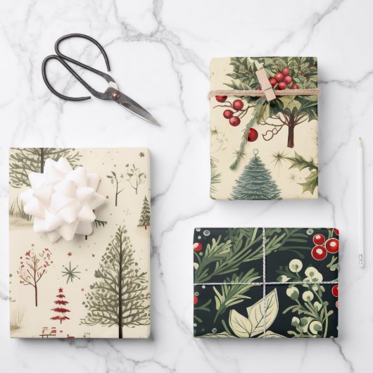 ヴィンテージフェスティバルツリーパターン ラッピングペーパーシート (正面)