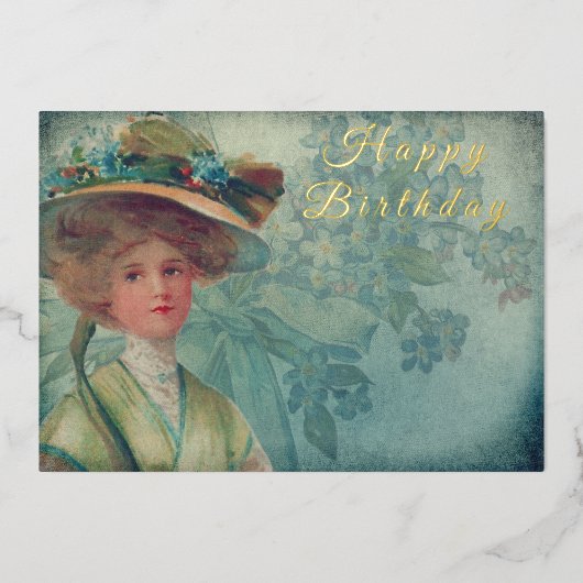ヴィンテージフェミニンビクトリアンファッションハッピーバースデー 箔招待状 (正面)