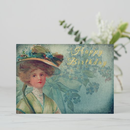 ヴィンテージフェミニンビクトリアンファッションハッピーバースデー 箔招待状 (立ち正面)