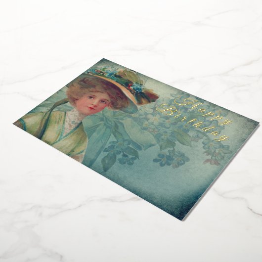 ヴィンテージフェミニンビクトリアンファッションハッピーバースデー 箔招待状 (回転した状態)
