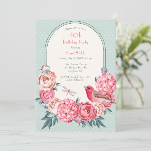 ヴィンテージフェミニンフローラ40歳の誕生日パーティー 招待状 (スタンド正面)