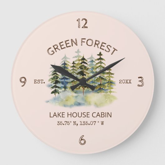 ヴィンテージフォギーグリーンフォレストウォーターカラーキャビンロッジ ラージ壁時計 (正面)