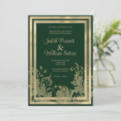 ヴィンテージフォレストの緑金ゴールド結婚フローラ 招待状 (スタンド正面)