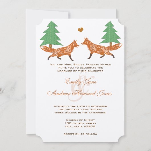 ヴィンテージフォレストキツネパインツリー結婚式招待状 招待状 (正面)