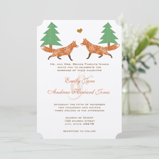 ヴィンテージフォレストキツネパインツリー結婚式招待状 招待状 (スタンド正面)