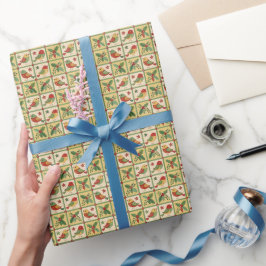 ヴィンテージフォークアートのクリスマスバードとヒイラギの実 ラッピングペーパー