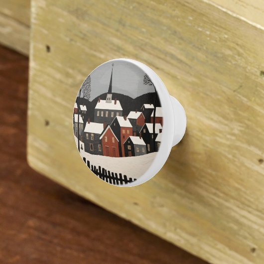 ヴィンテージフォークアートウィンタービレッジシーン セラミックノブ