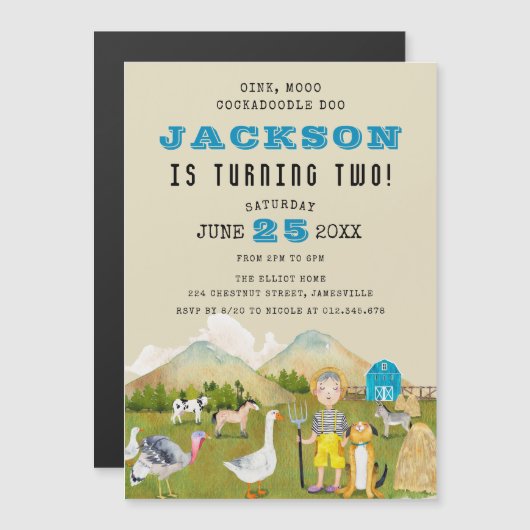 ヴィンテージフォークアートファームアニマルズボーイ2nd誕生日 マグネット招待状 (正面/裏面)
