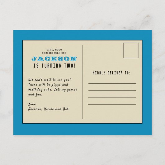 ヴィンテージフォークアートファーム納屋周囲の庭動物誕生日 インビテーションポストカード (裏面)