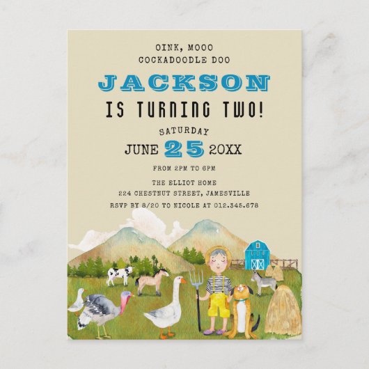 ヴィンテージフォークアートファーム納屋周囲の庭動物誕生日 インビテーションポストカード (正面)