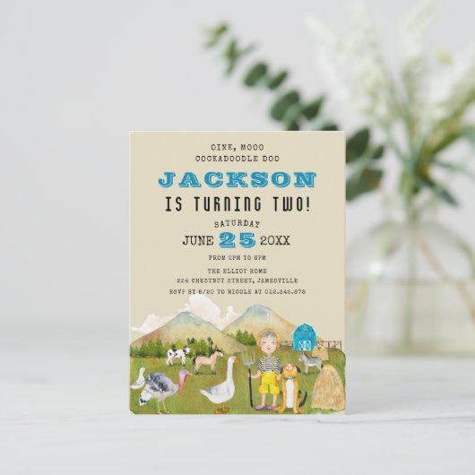 ヴィンテージフォークアートファーム納屋周囲の庭動物誕生日 インビテーションポストカード (スタンド正面)