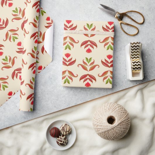 ヴィンテージフォークアートフローラプリントコージー素朴秋 ラッピングペーパー (クラフト)