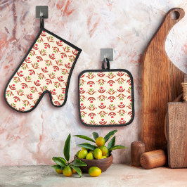 ヴィンテージフォークアートフローラプリントコージー素朴秋 鍋つかみ&鍋敷きセット