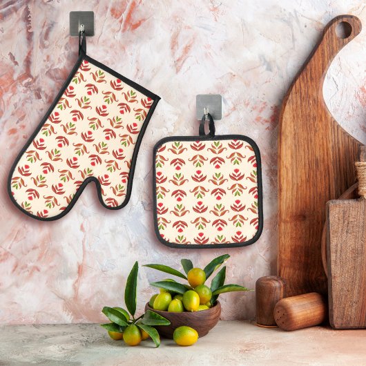 ヴィンテージフォークアートフローラプリントコージー素朴秋 鍋つかみ&鍋敷きセット