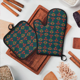 ヴィンテージフォークアートフローラプリントコージー素朴秋 鍋つかみ&鍋敷きセット