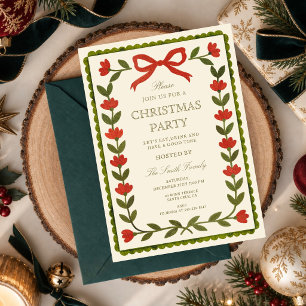 ヴィンテージフォークフラワーホワイトクリスマスパーティー 招待状