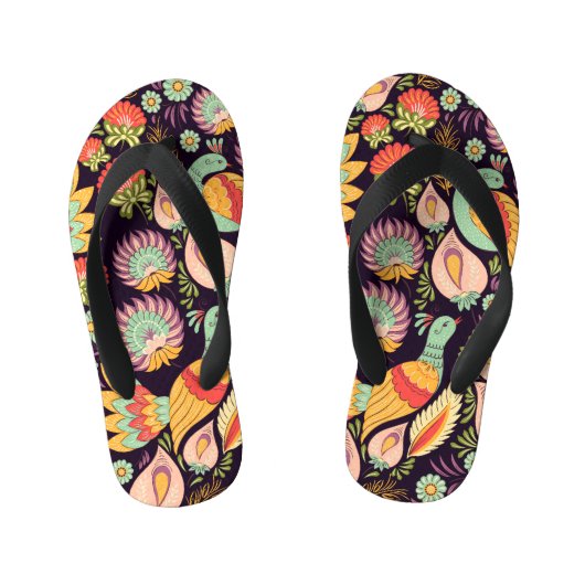 ヴィンテージフォークフローラバードオーナメント キッズビーチサンダル (フットベッド)