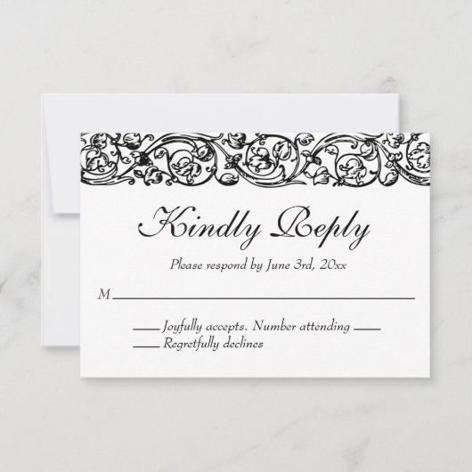 ヴィンテージフォーマルエレガント白黒結婚ズ 出欠カード (正面)
