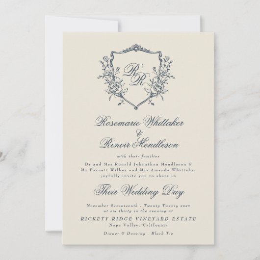 ヴィンテージフォーマルクレストクリーム&ネイビーモノグラム結婚ズ 招待状 (正面)