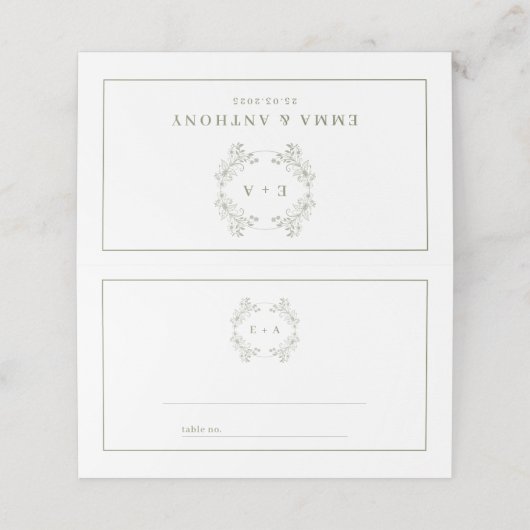 ヴィンテージフォーマルセージ緑モノグラム結婚ズ プレイスカード (外部開封)