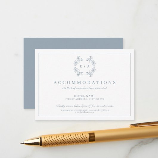 ヴィンテージフォーマルダスティブルーモノグラム結婚ズ エンクロージャーカード (正面/裏面インサイチュ)