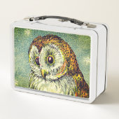 ヴィンテージフクロウかわいいイラストレーションウクロウティール(緑がかった色)ブラウン メタルランチボックス (裏面)
