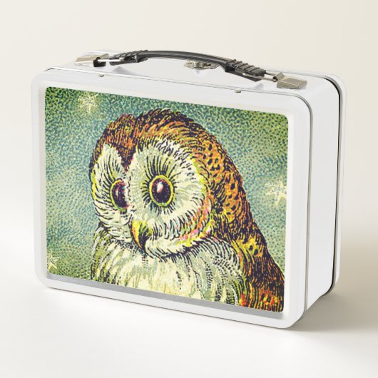 ヴィンテージフクロウかわいいイラストレーションウクロウティール（緑がかった色）ブラウン メタルランチボックス (裏面)