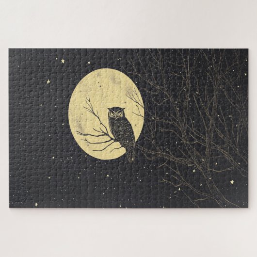 ヴィンテージフクロウが月に照らされた空の下でアート ジグソーパズル (横)