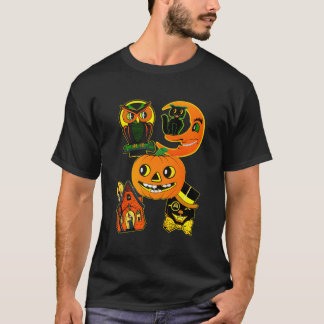 ヴィンテージフクロウとネコかぼちゃハロウィン Tシャツ
