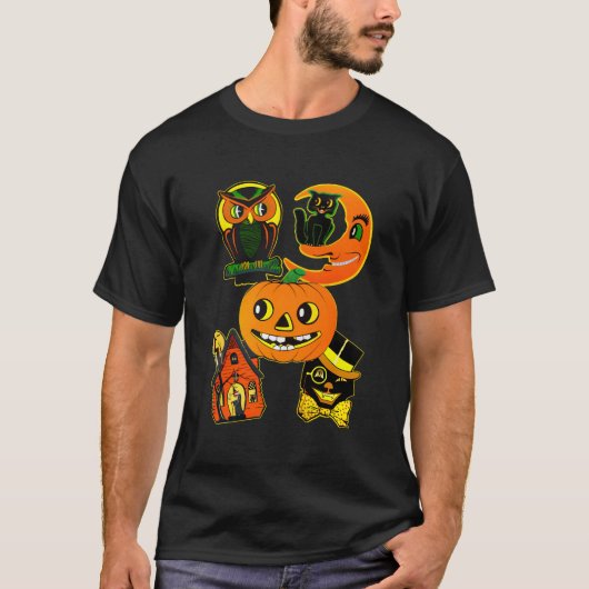 ヴィンテージフクロウとネコかぼちゃハロウィン Tシャツ (正面)